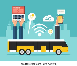 City bus with wi-fi. Vector flat illustration