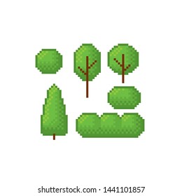 City bushes and trees. Urban landscaping. A set of plants. Pixel art. Old school computer graphic. 8 bit video game. Game assets 8-bit sprite