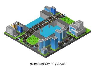 City business center and residential district isometric map with bridge across the river poster abstract vector illustration  