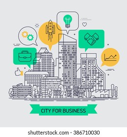 'City for business' concept vector design. Flat line trendy creative background on business and industry urban development and integration. Business and industry innovation and expansion 