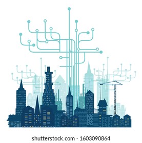 City, Business And  Modern Internet Environment. Hightech Electronic, Microchips, Icons And Communication Symbols At The Background. Business Concept Illustration.