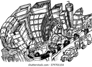 city, busy, building, sketch