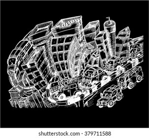 city, busy, building, sketch