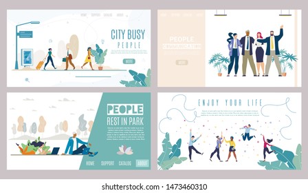 City Busy People, Rest in Park, Business Communication, Successful Lifestyle Flat Vector Web Banners, Landing Pages Set. Business Team, Man and Woman Using Laptop in Park, Happy People Illustration