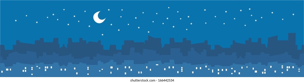 City by night vector illustration with skyscrapers and buildings silhouette, lights in windows, stars and moon.