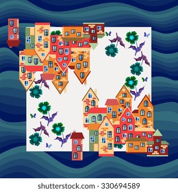 City by the sea. Silk neck scarf or bandana. Kerchief square pattern design style for print on fabric. Vector illustration with bright houses and flowers on marine background. 