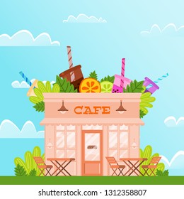 City Cafe Against Blue Sky And White Clouds. Vector Illustration On Color Background. summer terrace cafes around greenery. On roof institution juicy fruits and cocktails.