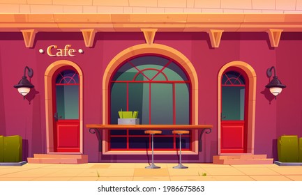 City cafe, coffee house exterior with outdoor bar counter and high chairs front of arched window. Cafeteria facade, building ground floor with wide glasses, vintage design, Cartoon vector illustration