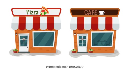 City Cafe. Coffee Shop. Cartoon Pizzeria. Pizza Italiana. Flat Design. Vector Illustration.