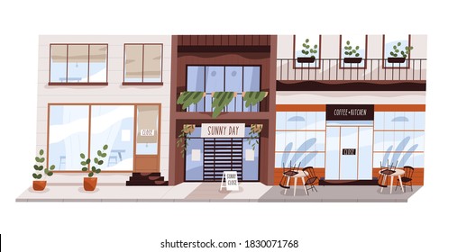 City cafe during lockdown. Bankruptcy of small business. Financial crisis concept. Empty street with exterior of closed shops, restaurant, coffee house. Flat vector cartoon illustration