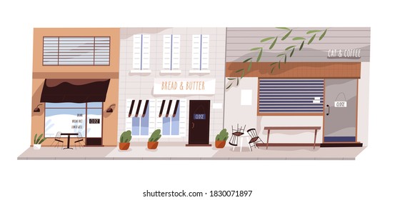 City cafe during lockdown. Exterior of closed restaurant, coffee house, bakery, bistro. Financial crisis concept. Empty town street. Vector illustration in flat cartoon style