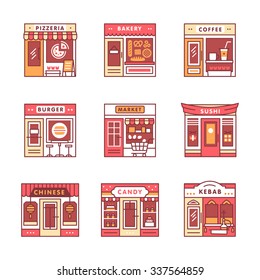 City cafe, food and groceries shops and stores buildings storefronts signs set. Thin line art icons. Flat style illustrations isolated on white.