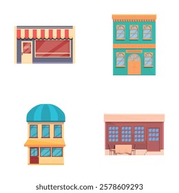 City cafe icons set cartoon vector. Colorful facade of cafe with canopy. Commercial building