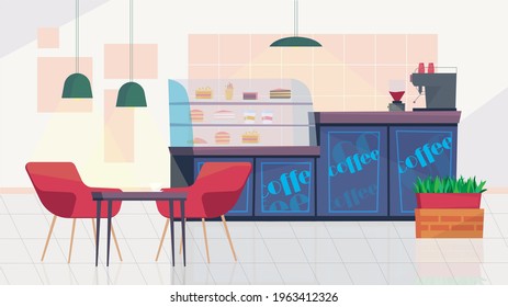 City cafe inside interior, banner in flat cartoon design. Showcase with desserts, counter with coffee machine, cash desk, table with chairs. Cafeteria furniture. Vector illustration of web background