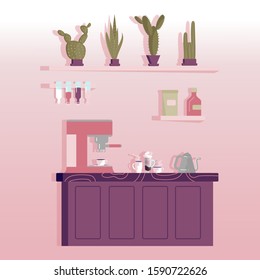 City cafe interior with bar counter, coffee machine, beverages and cacti on the wall. Flat Art Vector Illustration