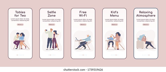 City cafe services onboarding mobile app screen flat vector template. Relaxing in coffeehouse. Walkthrough website steps with characters. UX, UI, GUI smartphone cartoon interface, case prints set