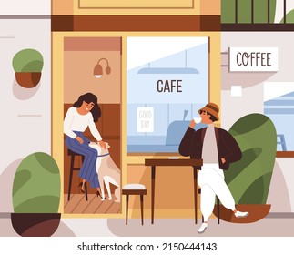 City Cafe With Tables, Customers Indoors And Outdoors. People Drinking In Dog-friendly Coffee Shop, Coffeehouse. Man Relaxing In Summer Terrace Outside Cafeteria In Street. Flat Vector Illustration