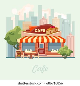 City cafe vector illustration in flat design. Urban landscape.