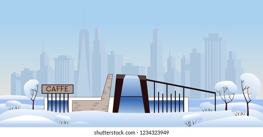 City caffe in winter park with modern town on background. Winter clear day. Modern architecture caffe, restaurant, shop in winter park. Cute vector illustration