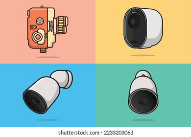 City Cameras Surveillance System and Cine Digital Camera collection vector illustration. Science and technology objects icon concept. Set of home security mount CCTV and Shooting camera vector design.