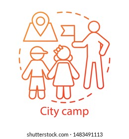 City camp concept icon. Summer urban children club, holiday pastime idea thin line illustration. Exploring town, visiting city landmarks. Vector isolated outline drawing. Editable stroke