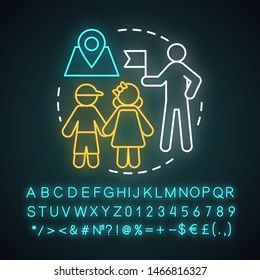 City camp neon light concept icon. Summer urban children holiday pastime Exploring town, visiting city landmarks idea. Glowing sign with alphabet, numbers and symbols. Vector isolated illustration
