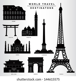 City capital Icons, Paris, Kyoto, Rome, Venice, London, Beijing in black and dark grey with minimal details