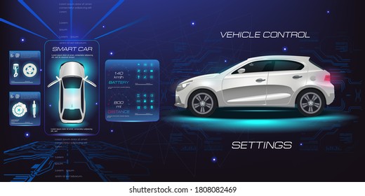 City Car Auto Service. Testing, Analysis, Tuning Of Electronics Parameters Of A City Car On A Digital Holographic Touch Screen. Car Electronics Diagnostics. Vector 3D