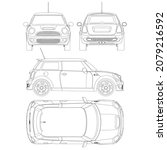 City car blueprint. Blank compact car template for branding or advertising.  Mini car vector template. View from side, front, and rear.