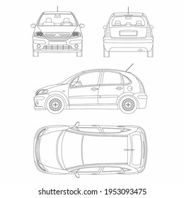 City car blueprint. Blank compact car template for branding or advertising. Food delivery car.	 Citroen C3.