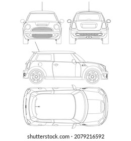 City car blueprint. Blank compact car template for branding or advertising.  Mini car vector template. View from side, front, and rear.