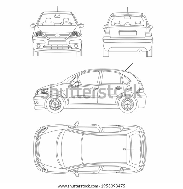 City car\
blueprint. Blank compact car template for branding or advertising.\
Food delivery car.	 Citroen\
C3.