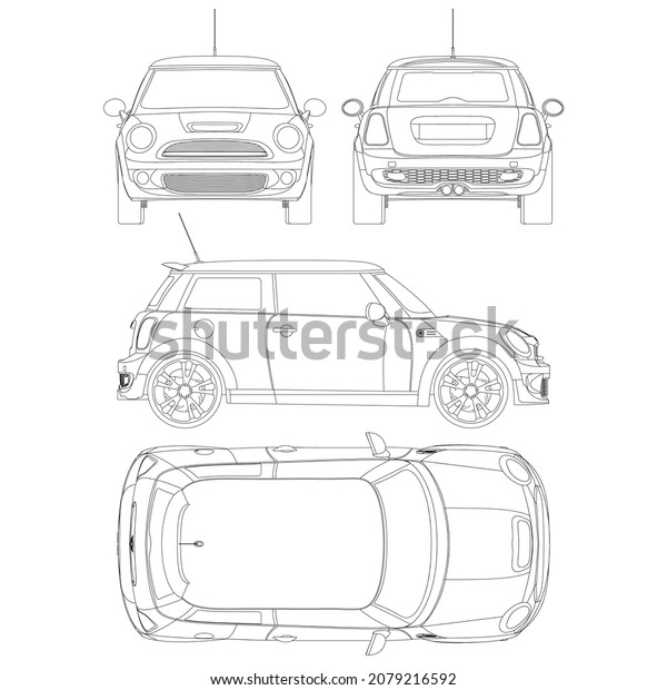 City car blueprint. Blank compact car template for\
branding or advertising.  Mini car vector template. View from side,\
front, and rear.
