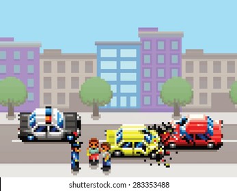 city car collision, police car and people pixel art game style retro illustration svg