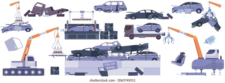 City car dump flat set of used broken damaged crushed transportation and working cranes isolated vector illustration