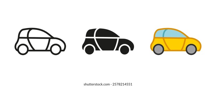 City car icon. Compact cute automobile vector illustration. Mini cooper symbol. Small SUV sign. Smart auto pictogram. Hatchback silhouette. Simple lady car vehicle outline, black or colored concept.