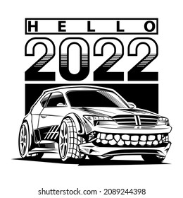 City car illustration with text "Hello 2022". Perfect for print on T-shirt and can be used for sticker.
