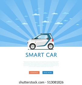 City car isolated on rays background. Vector compact smart car. Vehicles cartoon car isolated. Smart car side view isolated.