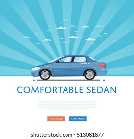 City car isolated on rays background. Vector sedan car. Vehicles cartoon car isolated. Sedan car side view isolated.