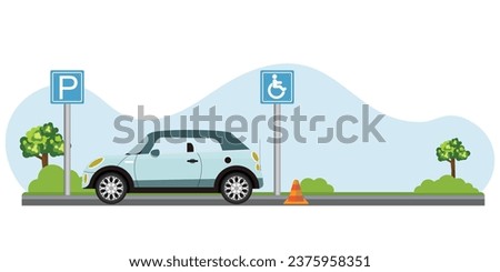 City car park City car park with parking sign and disability parking spaces, public parking road signs vector illustrations.