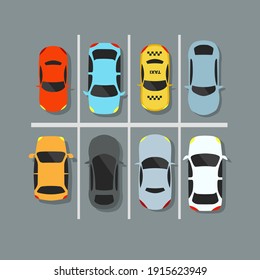 City car park with a set of different cars. Lack of parking spaces. Urban transport. Vector illustration.