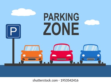 City car park with a set of different cars and parking sign in flat design. Parking area.