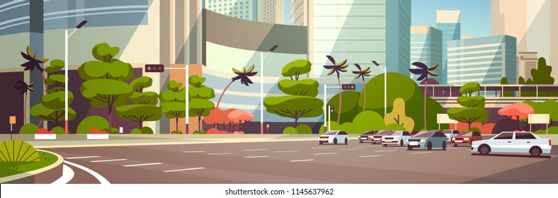 City car parking over skyscraper buildings modern cityscape background horizontal banner flat vector illustration