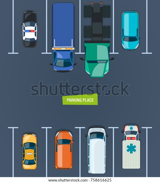 City car parking place, parking zone. Top\
view parked cars in parking zone. Different types cars and urban\
traffic transportation, outdoor public auto park on the city\
street. Vector\
illustration.