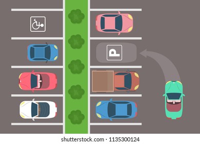 City car parking top view. The automobile clears space on a parking lot. Flat vector illustration