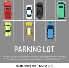 City car parking vector illustration. Top view of parking zone with a variety of cars. Parking garage with free places in flat style banner, poster. Parking lots for vehicles.