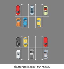 City car parking vector illustration. Top view of parking zone with a variety of cars. The parking garage with free places in flat style. 