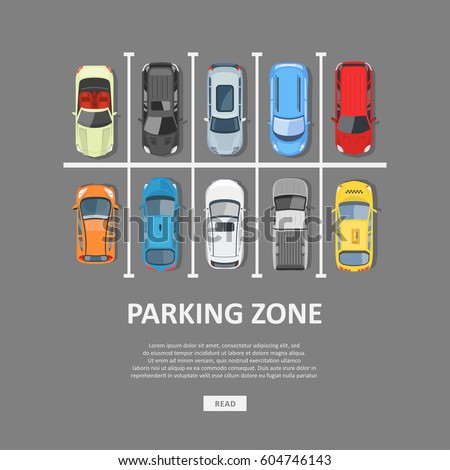 City car parking vector illustration. Full parking area and a shortage of available places. Car Park top view in flat style. 