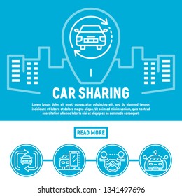 City car sharing banner. Outline illustration of city car sharing vector banner for web design