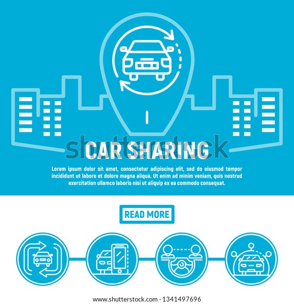 City car sharing banner. Outline\
illustration of city car sharing vector banner for web\
design
